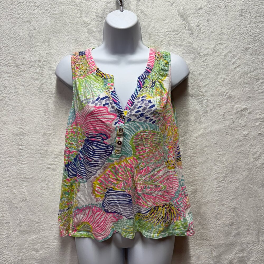 Lilly Pulitzer Roar Of The Seas Tank Top Women M Bright Pink Green Floral Beach